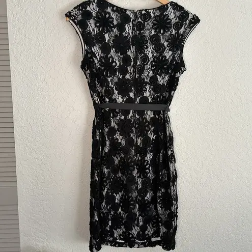 Alex Evenings Black Embellished Goth Cocktail Dress Wedding Ribbon Lace 3D Rose