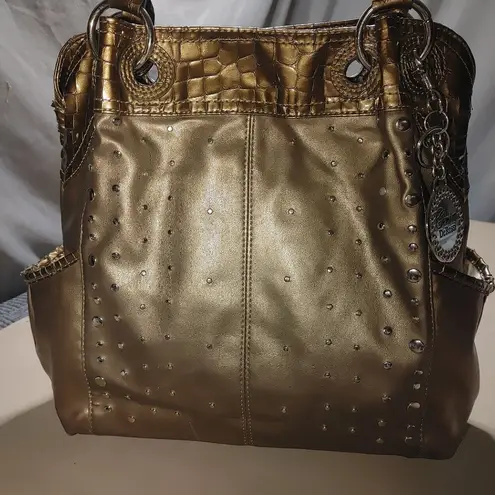Gemma DeRossi Gold Metallic Studded Faux Leather Tote Bag Croc Emboss Trim Charm