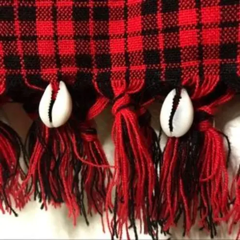 Handmade Real Seashell Fringe Hem Plaid Shirring Dress Red