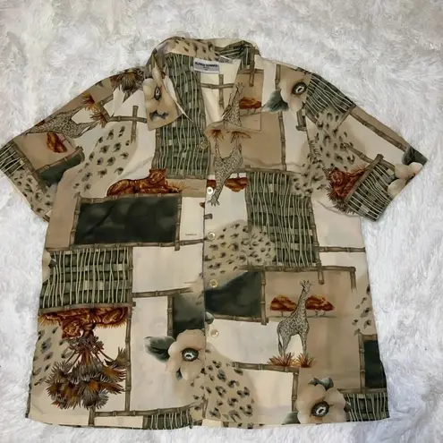 Alfred Dunner  Women’s Button Up Shirt with Cat, Lion, Giraffe, Safari Print Y2K