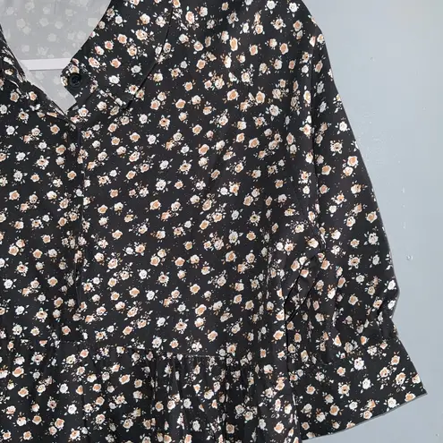 Prairie Midi Short Sleeve Flowy Peach & White Floral Black Button Front Dress L Size L