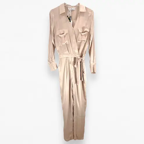 Adelyn Rae XS Kiara Long Sleeve Satin Jumpsuit Champagne Tan Beige New With Tags