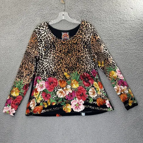 Johnny Was Sandra Scarf Favorite Long Sleeve Top Leopard Floral Women Small