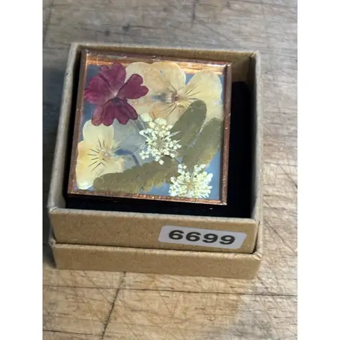 Pressed Flower Brooch Square Copper Frame Signed Tobin Red