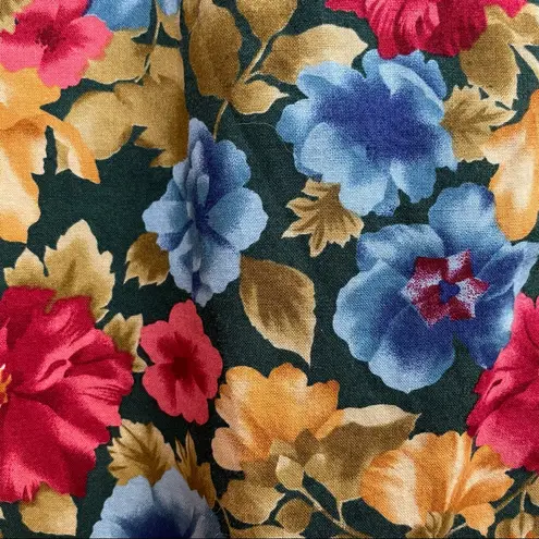 Handmade Vintage Floral Skirt Midi Bright Flowers Elastic Waistband Pockets Blue Green Size XXS