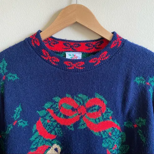 Vintage Nutcracker Bear Wreath Sweater 1980's Holiday Women's Size Small Blue