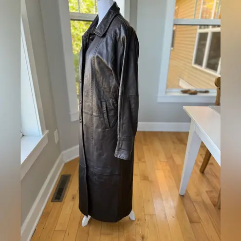 Vintage Studio Works Chocolate Brown Ankle Length Leather Trench Coat Size Small