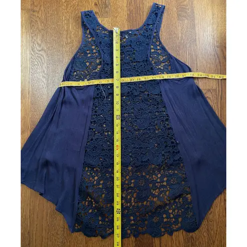 Cozy Casual Tunic Top Shabby Chic Cottagecore Crochet Sleeveless Boho in Navy Medium