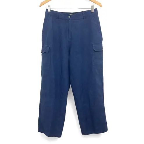 Kate Hill Cargo Pants Size 6 Navy Blue 100% Linen Wide Leg Utility Pockets
