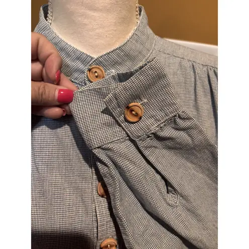 J. Peterman Co Popover Tunic Shirt Blue Check Mandarin Collar Button Front Med