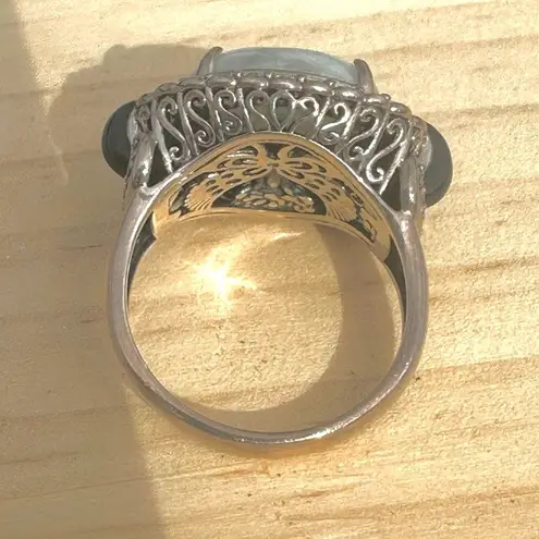 Sterling Silver Celadon Jade & Black Onyx CZ Filigree Ring