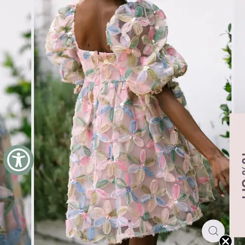 Storia  Stacy Sequin Floral Multi Puffed Sleeve Sparkle Babydoll Mini Dress L