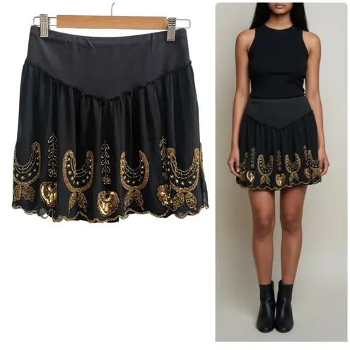 Free People Vintage  Black Gold Bead Sequence Chiffon Overlay Mini Skirt Small