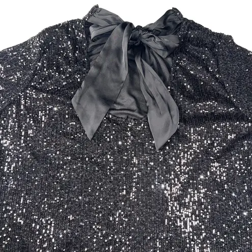 CeCe Black Sequin Cocktail Shift Dress Satin Tie Neck Short Sleeve NEW Size 3X