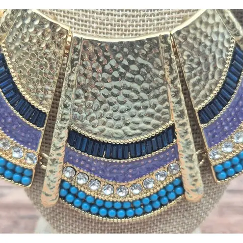 Universal Vault Gold Tone Mesh Chain Collar Necklace Hammered Beaded Crystal Bib