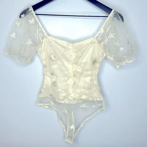 Le lis  Champagne Star Embroidered Mesh Bodysuit Size S