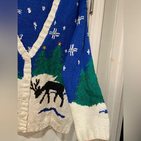 IZOD VTG Size M Hand Knit Ramie Cotton Christmas Sweater Cardigan 80s Deer Snow