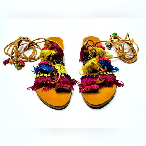 Elina Linardaki Greek Lace Up Gladiator Beaded Fringe Flat Sandal Shoe Size 10 Pink