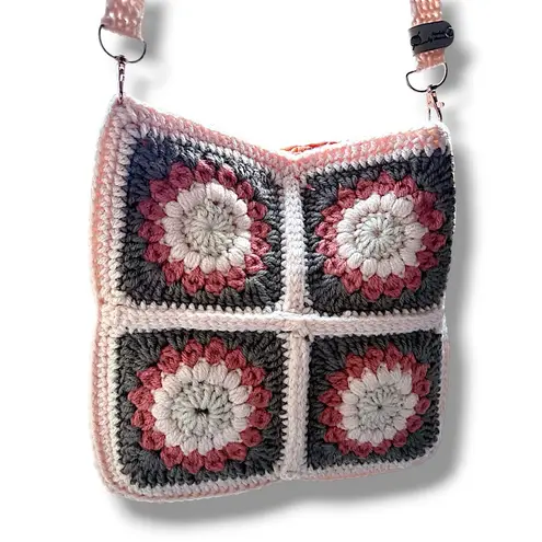 Handcrafted Crochet Floral Granny Square Crossbody Bag Peach Grey & Orange Lined