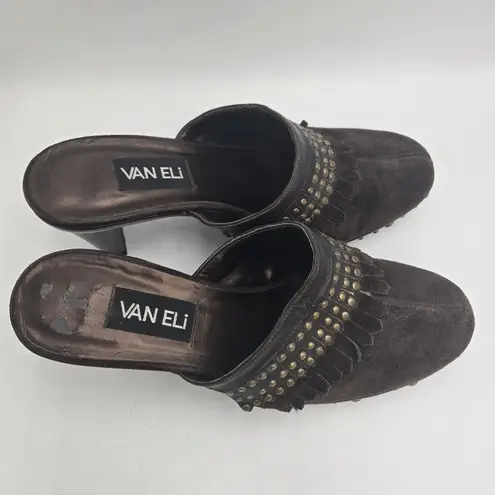 Van Eli Brown Suede Studded Clog Mules Heels Fringe Trim Slip On Women’s 9W Boho Size 9
