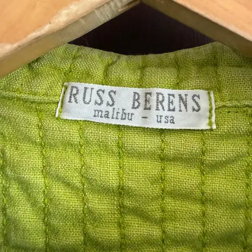 RUSS BERENS | Pea Green Quilted Linen Blend Zip Up Vest Boho Kantha Extra Small Gray Size XS