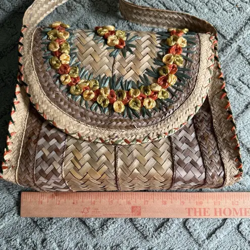 Vintage 1960s Cabana Floral Wicker Raffia Woven Straw Purse Handbag Philippines Yellow