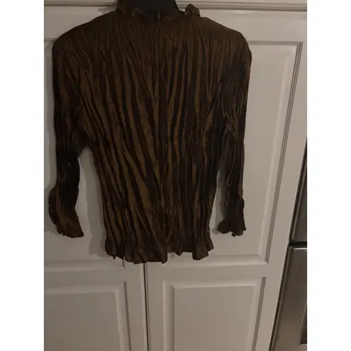 VIOLIN Women's Brown Crinkle Pleated Long Sleeve Button Up Shirt Top Size S