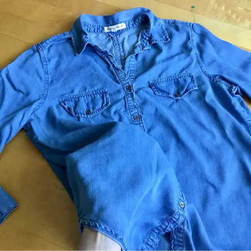 Grand & Greene Flowy, Denim Tencel Button Down Shirt, Light Blue, Size S Blue