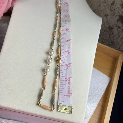 Vintage enameled metal and faux pearl chain necklace 24” long. Gold