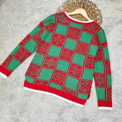 33 Degrees Plaid Pug Dog Puppy Bells Ugly Christmas Knit Sweater Red Green Size M