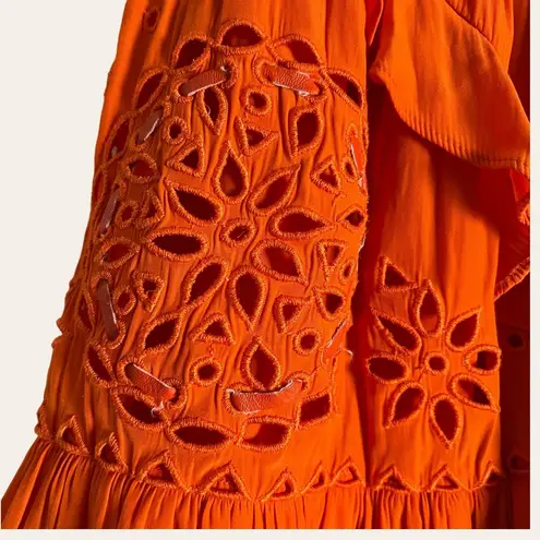 Ramy Brook Brit Crepe Orange Ruffled Eyelet Mini Skirt Size M
