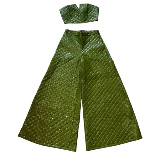 The Sang The Quilted Set Olive Sequin Bustier And High Waisted Wide Leg Pants Set Medium