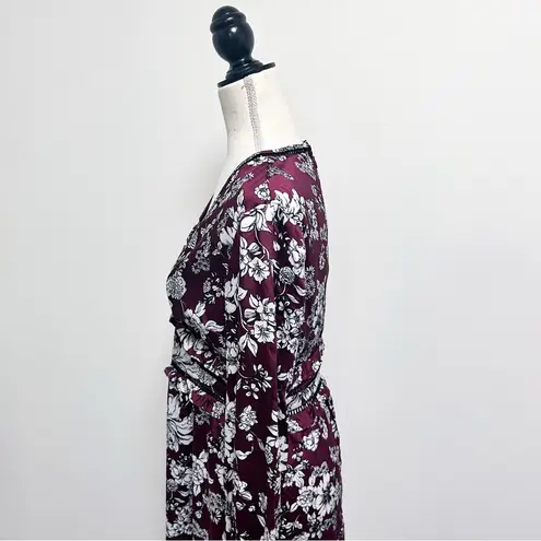 Bardot Jolie Floral V Neck Cuff Sleeve Sheer Lattice Ruffle Midi Dress Small 6