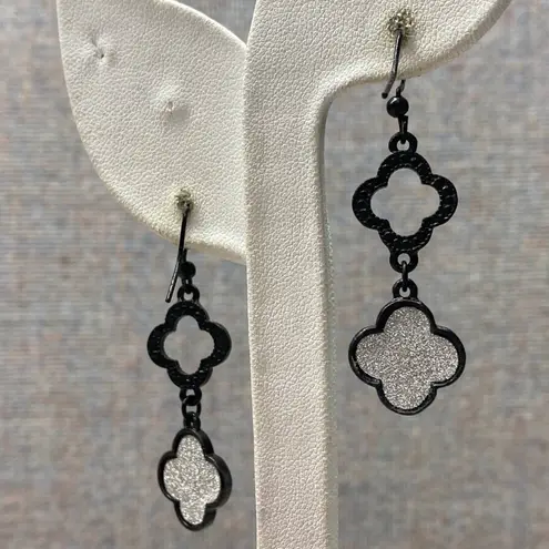 Silver Tone Black Quatrefoil Rhinestone Drop Dangle Luck & Sparkle Earrings