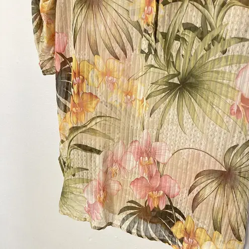 Tommy Bahama  Top Women Small Sheer Tropical Floral Print Popover Roll Tab Sleeve