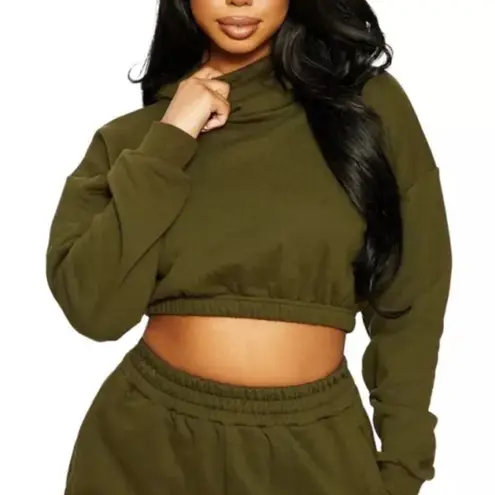 Naked Wardrobe Olive Green Cropped Cotton Hoodie Pullover Sweatshirt NEW Size M