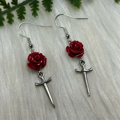 Dainty Rose and Silver tone Sword dangle Earrings Gray