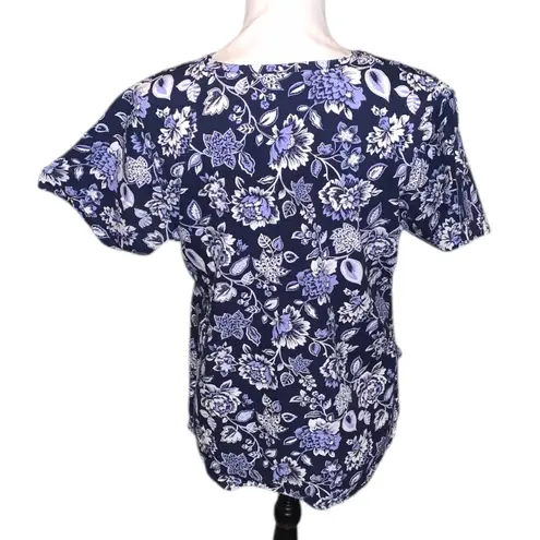 Laura Ashley Blue Floral V-Neck Scrub Top Pockets Lace Detail