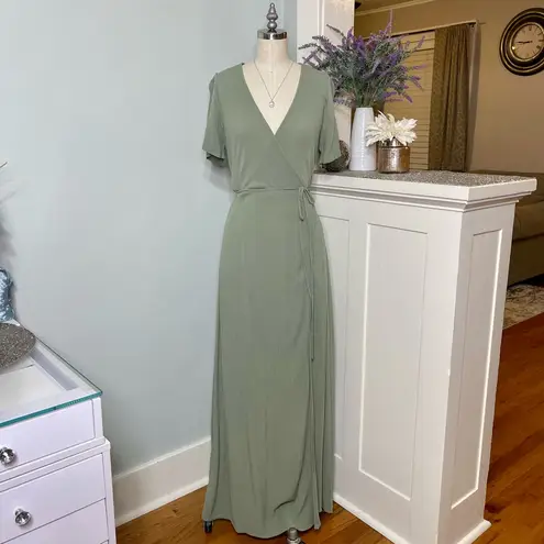 Lulus Lulu’s Much Obliged Wrap Maxi Dress Gauzy Flowy Casual Spring Summer Green Small
