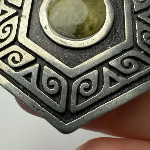 Celtic Hexagon Hex Signed Ireland PJC Brooch Pin Silver Tone / Green