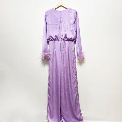 NEW BooHoo Occasion Tall Feather Detail Plunge V Neck Full Length Jumpsuit Lilac