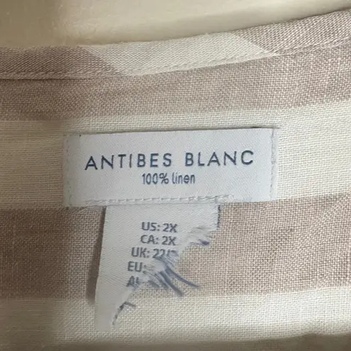 Antibes Blanc Linen Tunic Top Womens 2X Beige White Striped Roll Tab Sleeve Tan Size XXL