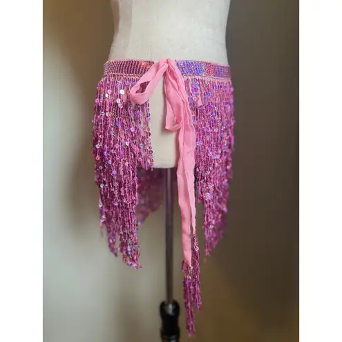 Pink fairy shimmer tassel skirt dance Halloween costume side tie sequin mini