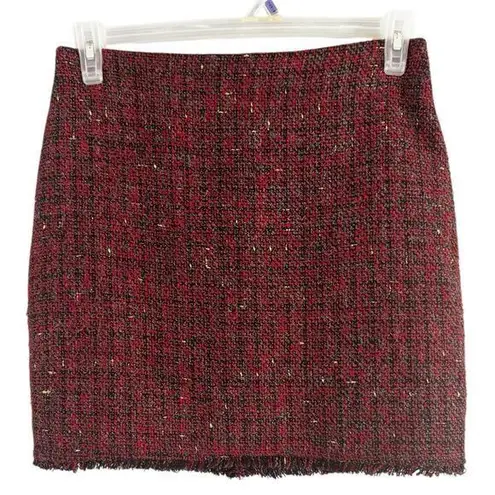 Molly Bracken Red Purple Tweed Fringe Pencil Skirt Size Large Dark Preppy Grunge