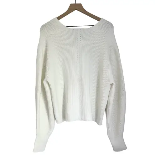 Tahari Women’s Cropped V Neck Long Sleeve Knit Sweater White Size Large