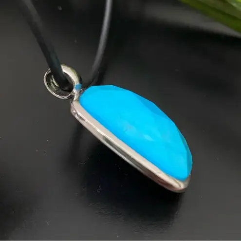 NF 925 Sterling Silver Faceted Pendant Black Rubber Cord 16” Necklace 16g. Blue