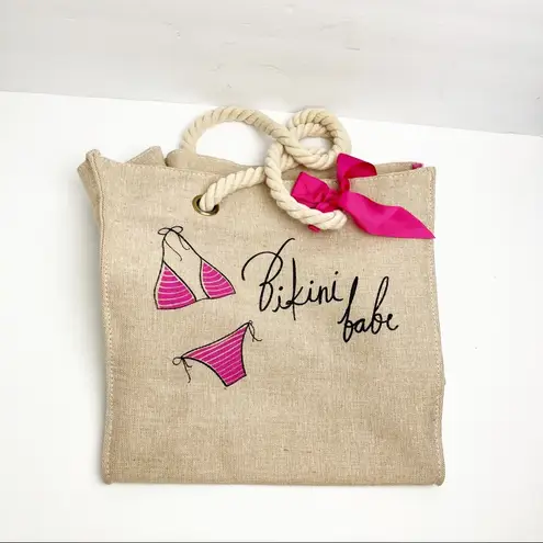 BIKINI BABE Khaki Pink Bow Accents Rope Straps Lined Beach Canvas Tote