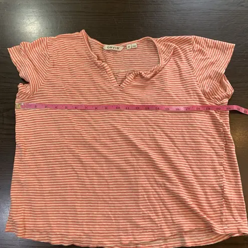 Orvis Linen Shirt Womens Medium V-Neck Orange Stripes Outdoorsy Summer READ