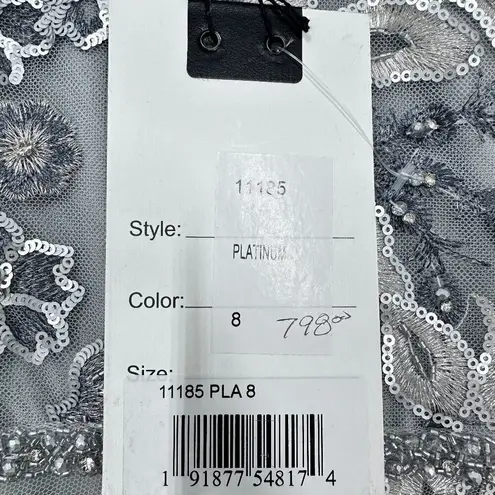 Mac Duggal Floral Embroidered Illusion Long Sleeve Gown Platinum Silver NWT 8