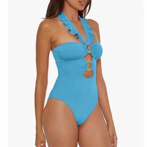 Soluna Swim Standard Buckle Up One Piece Bandeau Swimsuit Large Blue